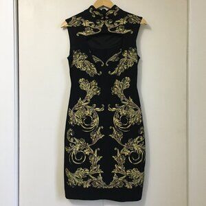 Vintage 90s Y2K Caché Black Gold Baroque Midi Bodycon Dress - Made in USA Size